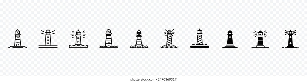 lighthouse icon, Lighthouse icons set. Tower lighthouse icon. Outline tower lighthouse vector icon, Lighthouses icons on transparent background, Light house logo, Lighthouses icon with outline style