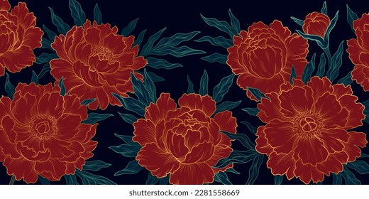 Linear red peonies. Aesthetics, luxury and elegance organic background. Beautiful flowers, green leaves and blooming plants. Poster or banner for website. Cartoon flat vector illustration