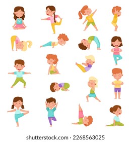 Little Children Doing Yoga Standing in Asana Breathing Big Vector Set