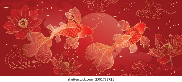 Luxury Chinese background vector. Chinese and Japanese wallpaper pattern design of elegant goldfish, lotus flower on red background. Design illustration for decoration, wall, banner, website, ads.