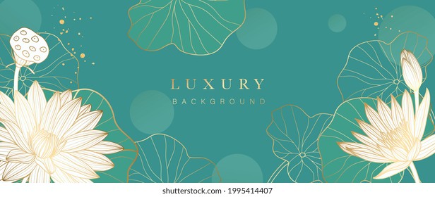 Luxury gold lotus background vector. Zen wallpaper collection with golden lotus line art. Design for yoga banner, Luxury cover design and invitation, invite, banner, Natural product packaging design.