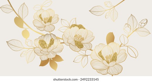 Luxury golden peony flower line art on white background vector. Natural botanical elegant flower with gold foil texture. Design illustration for decoration, wall decor, wallpaper, cover, banner.