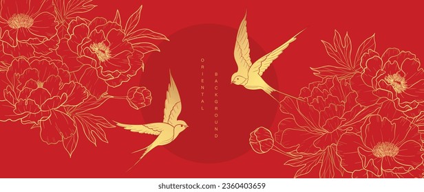 Luxury oriental japanese pattern background vector. Elegant swallow bird and peony flower golden line art on red background. Design illustration for decoration, wallpaper, poster, banner, card.