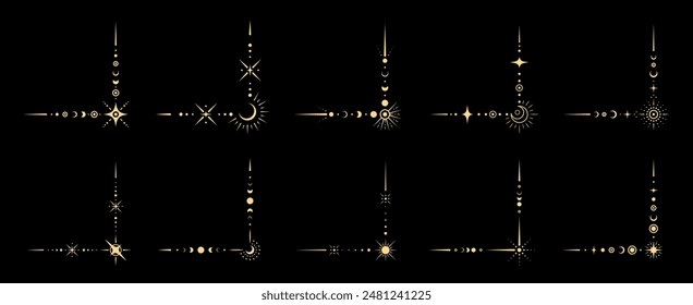 Magic border corners and golden shine frames for astrology and Tarot, vector elements. Esoteric magic corners of sacred geometry symbols with gold star sparkles and celestial mystic occult ornaments