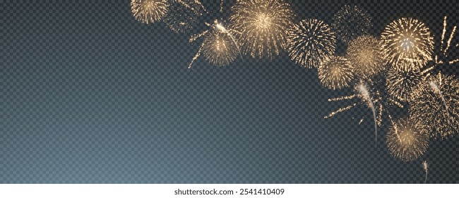 Fogos de artifício mágicos no céu noturno, fundo de Natal para design de férias, cartaz, cartão postal em um fundo transparente, png. Luzes de férias.