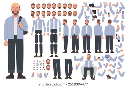 Man character constructor. Guy in casual clothes. Set of different positions of hands, legs, head for creating animation and own illustrations. DIY set. Vector illustration in flat style