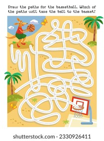 Maze game, activity for children. Draw paths for the ball. Which path will the ball take to get to the basket? Vector illustration. Cute kangaroo playing basketball. Animals and sports. 