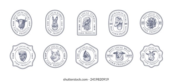 Meat Vegetables and Poultry Farm Retro Framed Badges Logo Templates Collection. Hand Drawn Domestic Animals and Birds Sketches with Retro Typography. Vintage Sketch Emblems Set. Isolated