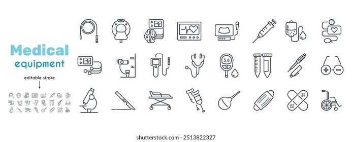 Medical equipment, devices, tools line icon set. Colonoscope, endoscope, tonomert, glucometer, scalpel, drip, enema, insulin pen, glasses, slit lamp vector illustration. Editable Strokes