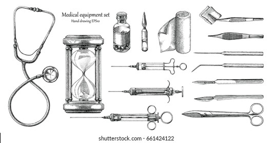 Medical equipment set hand drawing vintage style