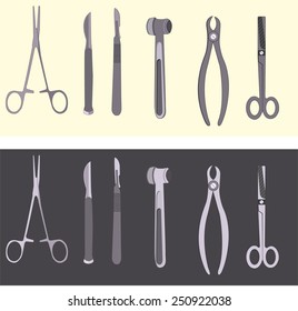 Medical icons - set of surgical scalpel, scissors, forceps, medical hammer.Vector set