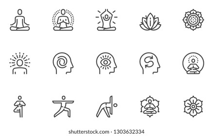 Meditation Practice and Yoga Vector Line Icons Set. Relaxation, Inner Peace, Self-knowledge, Inner Concentration, Spiritual Practice. Editable Stroke. 48x48 Pixel Perfect.