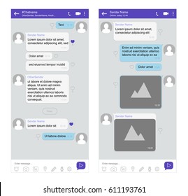 Mobile phone chat interface with speech bubbles for short messages. Vector design template