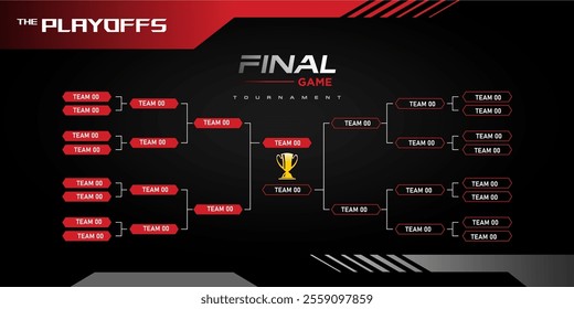 modern black and red sport game competition bracket vector with golden cup. sport game tournament championship  stage layout, elimination bracket board chart vector with champion trophy prize icon.