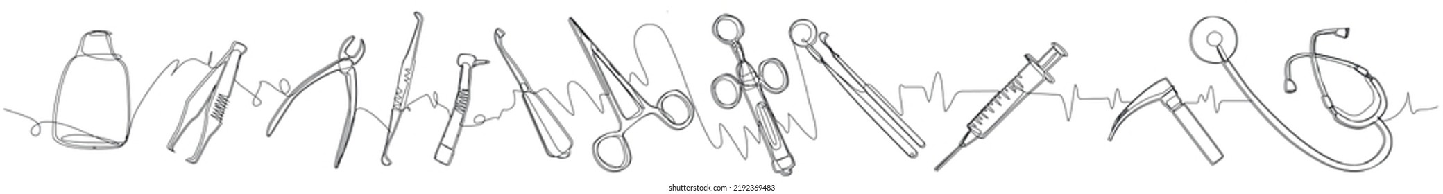 Monochrome border of medical instruments in one line style on white background. Laryngoscope, braces, stethoscope,  three-ring karbul syringe, dental supplies, syringe, elevator, anatomic forceps.