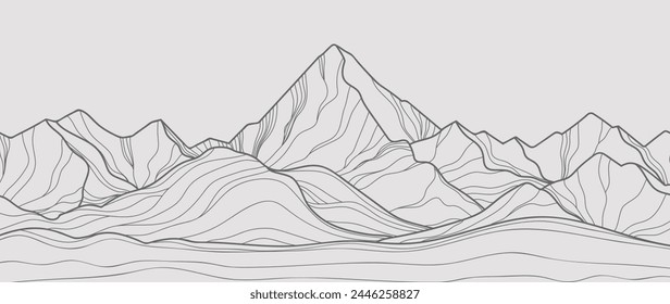 Mountain Hand drawn background vector. Minimal landscape art with line art, contouring. Abstract art wallpaper illustration for prints, Decoration, interior decor, wall arts, canvas prints.