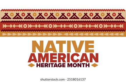 Mes de la Herencia Nativa Americana en noviembre. Cultura india americana. Celebrar anualmente en Estados Unidos. Patrón de tradición. Póster, tarjeta, Anuncio y fondo. Ornamento de Vector, ilustración