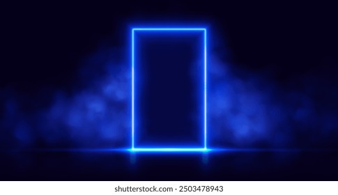 Neon door with smoke, blue glowing portal, futuristic arch gate, magic border with vapor. Vector illustration.