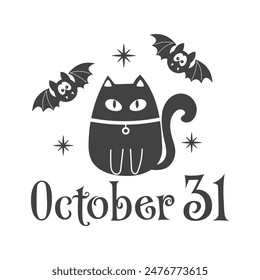 Cita del Vector de Halloween del 31 de octubre. Lindo gato negro ilustración. Halloween embrujado, boo espeluznante. Feliz cita de Festiva, diseño divertido aislado sobre fondo blanco.