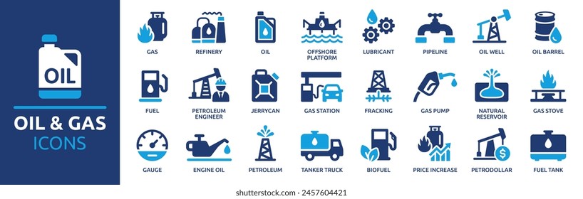 Oil and Gas icon set. Containing fuel, refinery, petroleum, oil well, gas pump, offshore platform, lubricant, oil barrel and more. Solid vector icons collection.