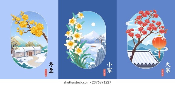 Oriental line style of winter season with landscape covered in snow, flowers and traditional buildings. Translation: Mid November. Winter Solstice. December. Minor Cold. Mid December. Major Cold.