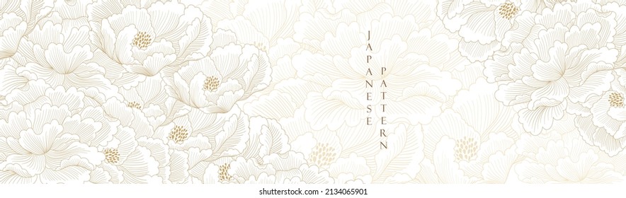 Peony flower with hand drawn illustration in vintage style. Gold floral pattern in vintage style. Oriental flora  banner design.