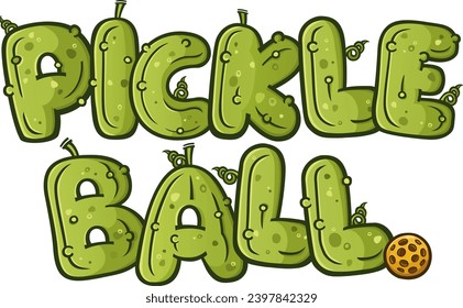 Pickle ball letters and words written in a dill pickle style font with vines and stems and a ball, illustrated vector graphic for flyers, ads or shirts