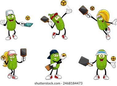 Pickle Cartoon Characters Playing Pickleball. Vector Hand Drawn Collection Set Isolated On Transparent Background