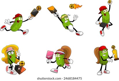 Pickle Cartoon Characters Playing Pickleball. Vector Hand Drawn Collection Set Isolated On Transparent Background