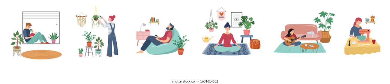 Quarantine, stay at home concept series - people sitting at their home, room or apartment, practicing yoga, enjoying meditation, relaxing on sofa, reading books, baking and listening to the music. 