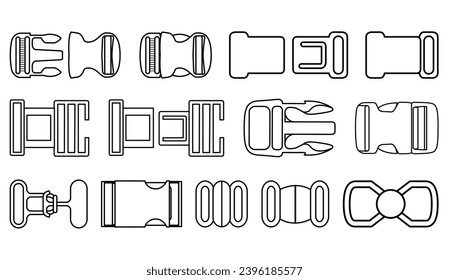 Quick Release buckles flat sketch vector illustration, set of bag accessories, lock, Clips, Berg and ladder locks buckles for back packs, climbing equipment, garments dress fasteners and Clothing belt