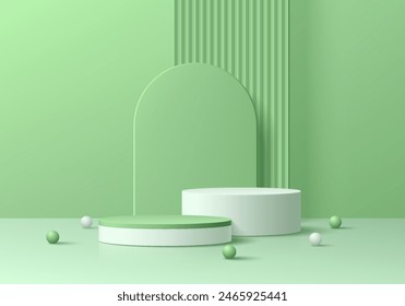 Realistic 3D green cylindrical podium background with sphere ball, Arch backdrop wall scene. Minimal mockup or abstract product display presentation, Stage showcase. Platforms vector geometric design.