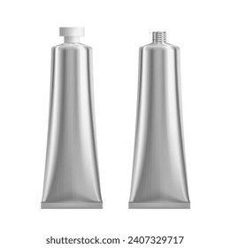 Realistic aluminium metal tube of cream or glue, aluminum container vector package. Gel, toothpaste or cosmetic moisturizer aluminium tube mockup open and with screw cap for product blank package