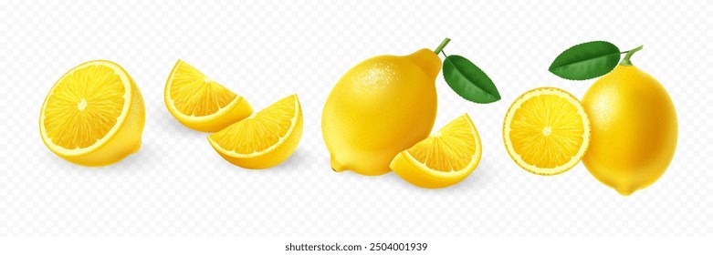 Realistic lemon fruits. Set of whole, slice, piece of lemon with green leaves isolated on transparent background. Fresh, juicy, ripe citrus collection.