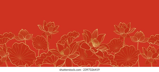 Red Chinese background pattern withe lotus line arts for new years celebrations oriental background. Vector illustration