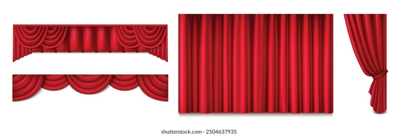 Red theater stage curtain closed and open, long and short top border isolated on white background. Realistic 3d vector illustration set of velvet cloth drapery of cinema, concert or theatre scene.