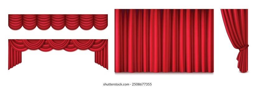 Red theater stage curtain closed and open, long and short top border isolated on white background. Realistic 3d vector illustration set of velvet cloth drapery of cinema, concert or theatre scene.