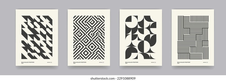 Retro black and white geometric pattern background, vector abstract circle, triangle and square lines art. Trendy bauhaus pattern backgrounds op-art set