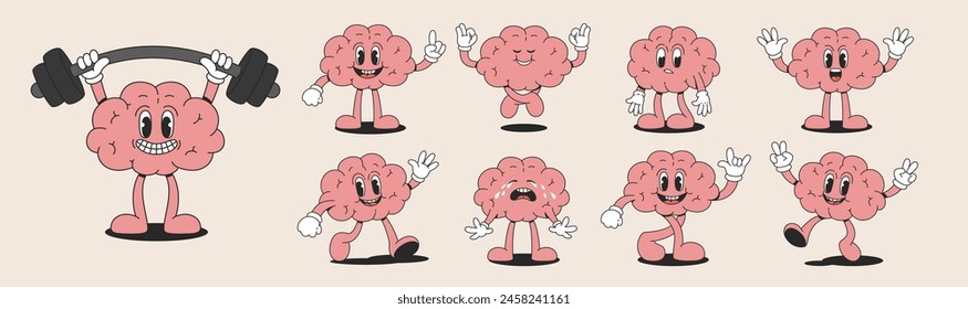 Retro cartoon collection of a funny brain. Trendy groovy characters. Vector illustration