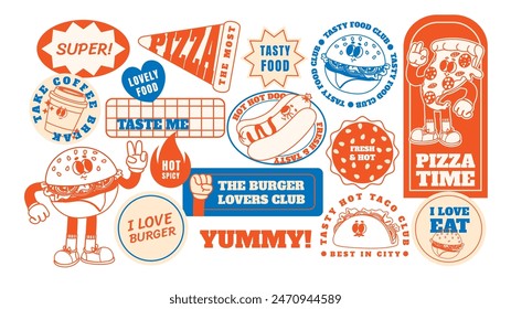 Retro fast food stickers. Cartoon junk food character patches. Funny cafe meals mascot. Vintage style 60s - 70s badges with burger, pizza, hot dog. Groovy vector elements