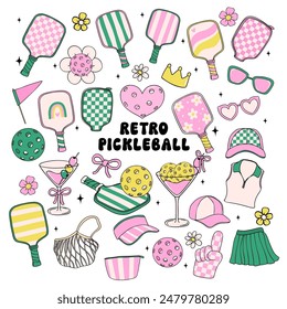 Retro Groovy Pickleball Vector Trendy Collection Doodle Drawing pink and green element set.