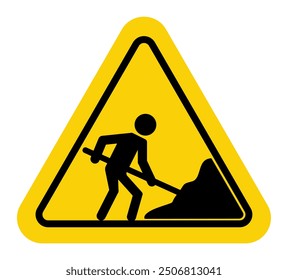 Road under construction sign vector illustration, Under construction road sign, Man digging ground sign isolated, Road Construction Signs,  Work in progress, warning sign, Road work ahead.