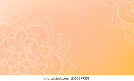 Round mandala on dreamy peach fuzz gradient background. Translucent mesh pattern in the form of a mandala. Mandala with floral patterns. Pastel Yoga template.