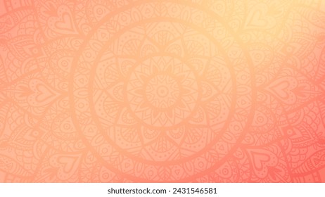 Round mandala on dreamy peach fuzz gradient background. Translucent mesh pattern in the form of a mandala. Mandala with floral patterns. Pastel Yoga template.