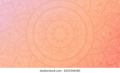 Round mandala on dreamy peach fuzz gradient background. Translucent mesh pattern in the form of a mandala. Mandala with floral patterns. Pastel Yoga template.