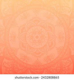 Round mandala on dreamy peach fuzz gradient background. Translucent mesh pattern in the form of a mandala. Mandala with floral patterns. Pastel Yoga template.