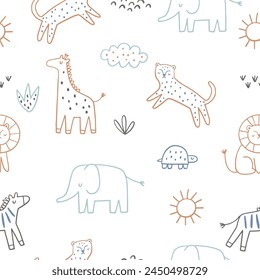 Safari animals cute illustration in doodl style. Outline hand drawn print. African leopard, giraffe, elephant, lion, zebra and wild animals - character. Seamless pattern