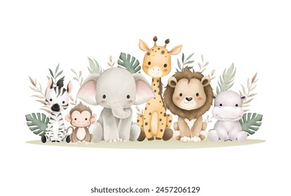 Safari Animals and Tropical Leaves