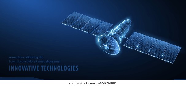 Satellite isolated on blue. Space exploration, GPS technology, Spacecraft station, Digital telecommunication network, Radar defense, Solar panel, Satellite communication, military concept