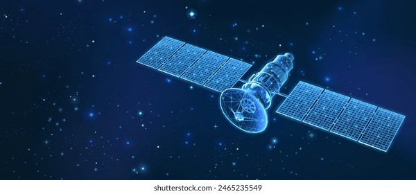 Satellite on the space background. Space exploration, GPS technology, Spacecraft station, Digital telecommunication network, Radar defense, Solar panel, Satellite communication, military concept